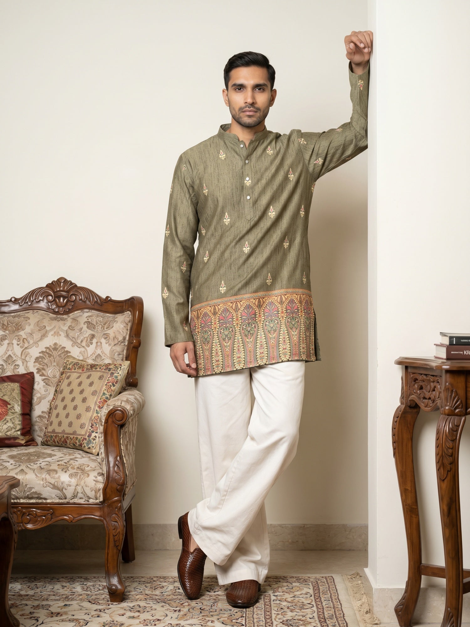 DesiQlo Men Printed Kurta Pyjama Set - Green - 65KP_PJ11W_5579Olive_S