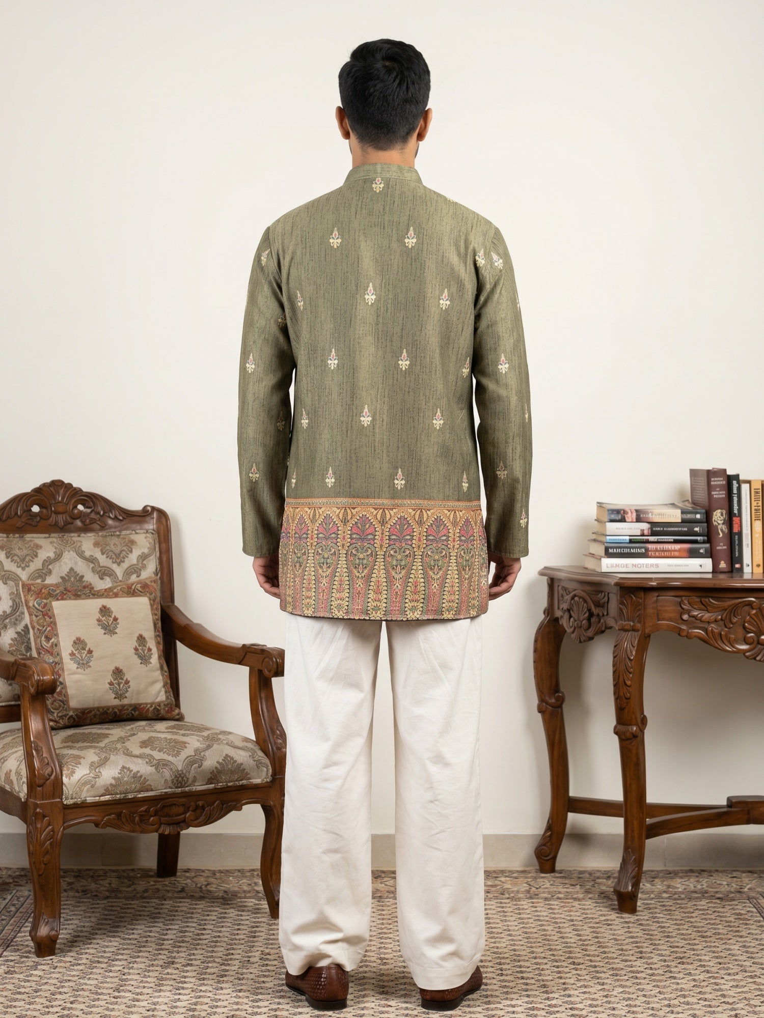 DesiQlo Men Printed Kurta Pyjama Set - Green - 65KP_PJ11W_5579Olive_S