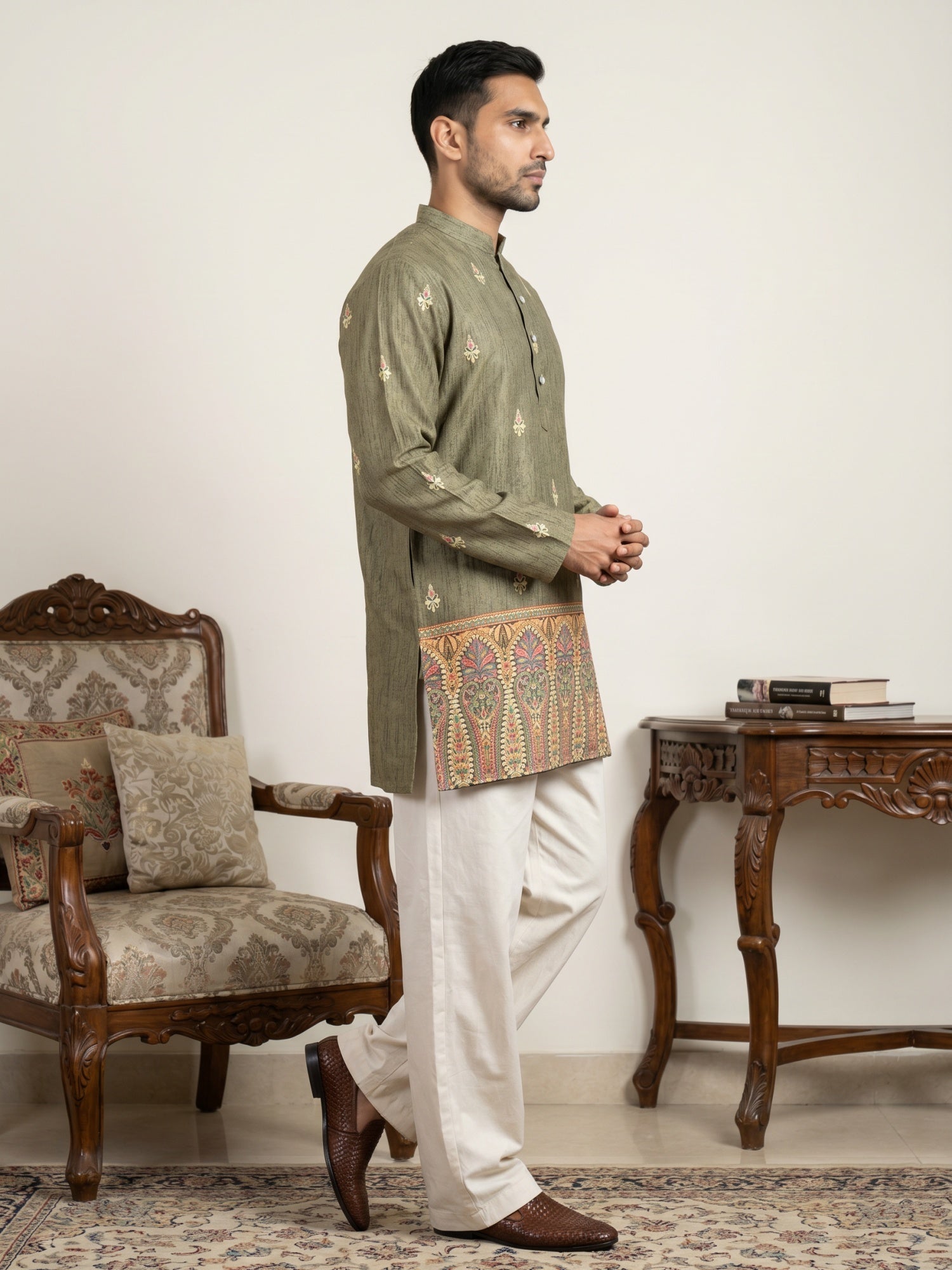 DesiQlo Men Printed Kurta Pyjama Set - Green - 65KP_PJ11W_5579Olive_S