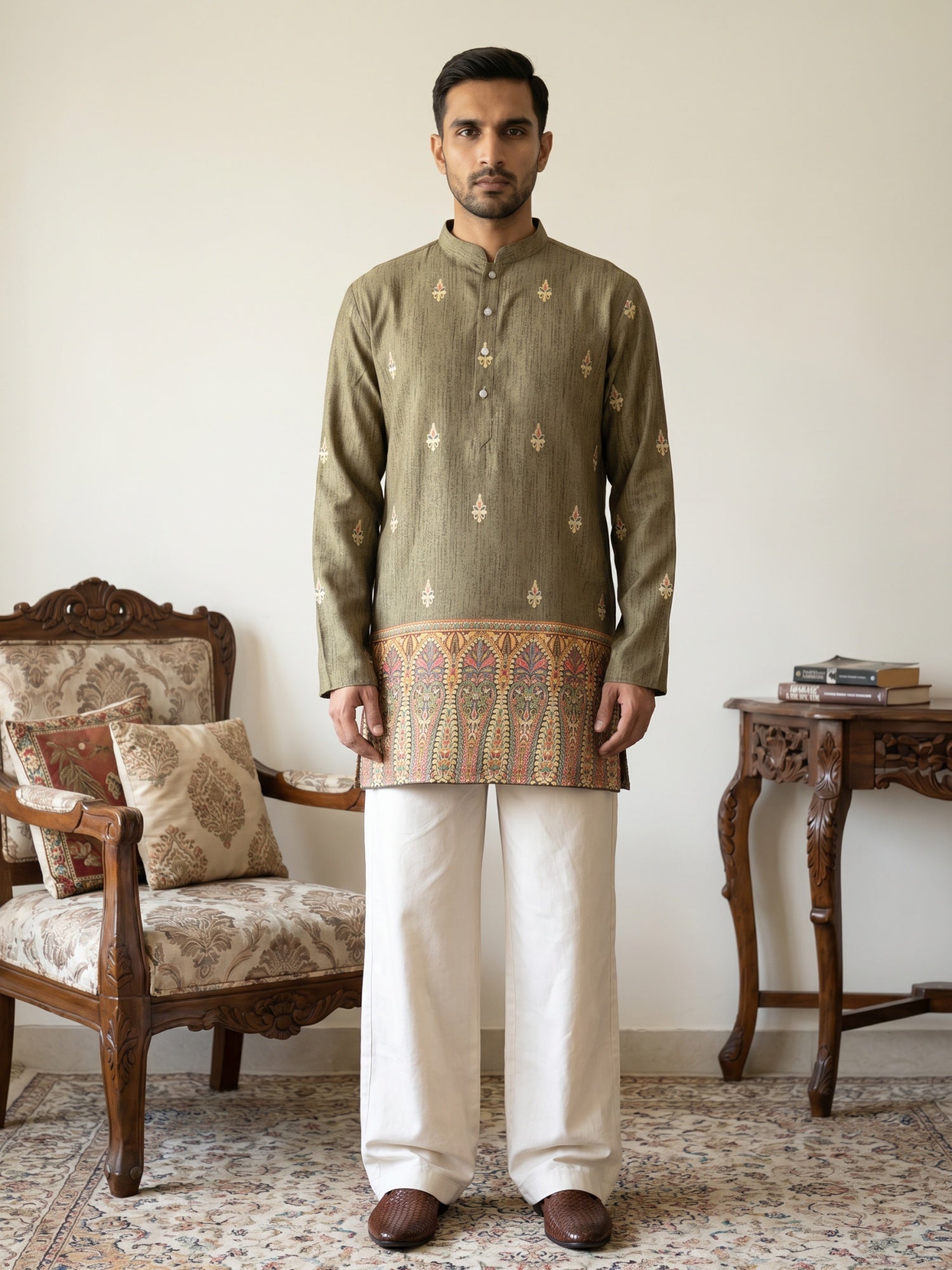DesiQlo Men Printed Kurta Pyjama Set - Green - 65KP_PJ11W_5579Olive_S