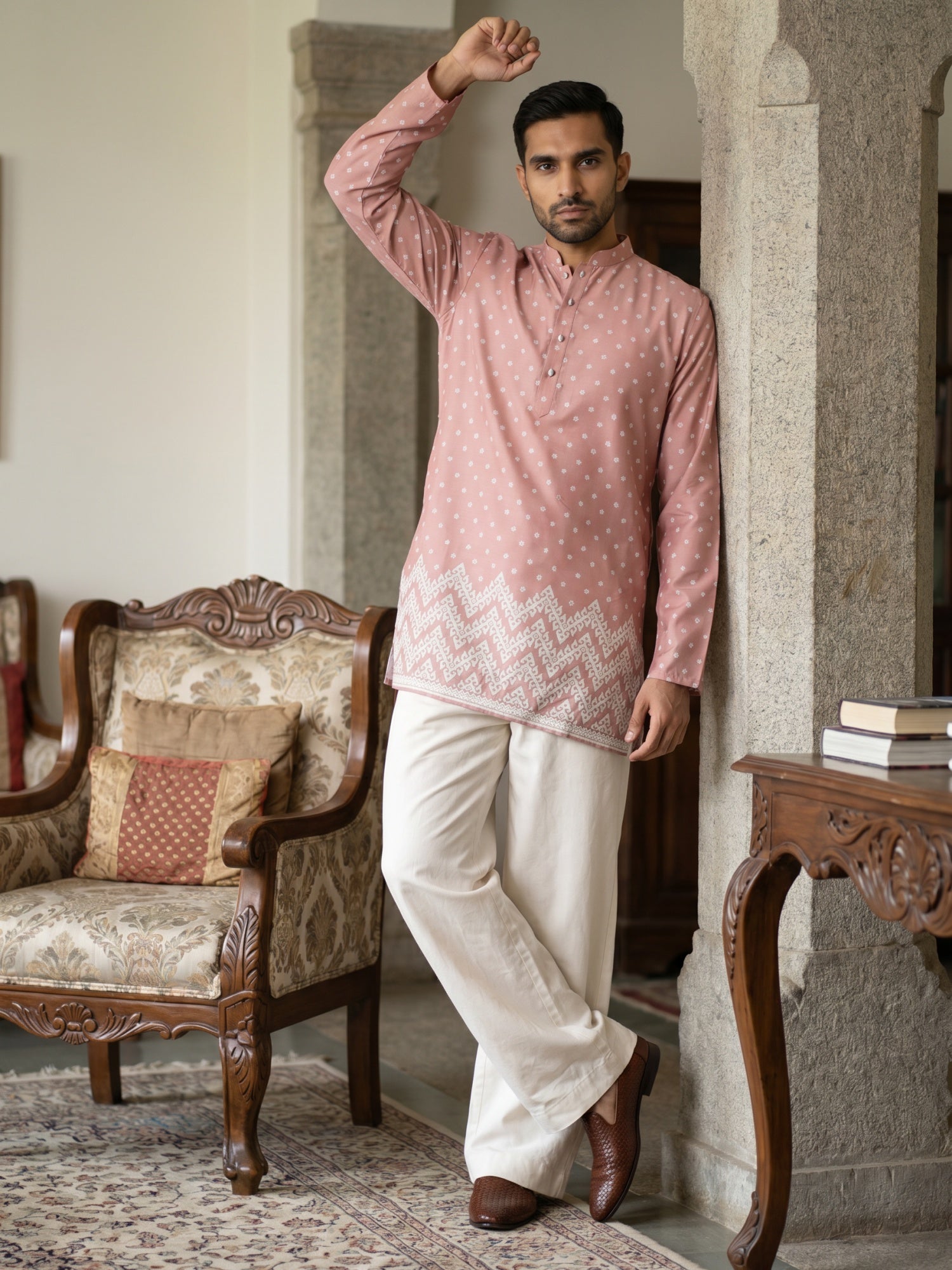 DesiQlo Men Printed Kurta Pyjama Set - Orange - 65KP_PJ11W_5580Peach_S