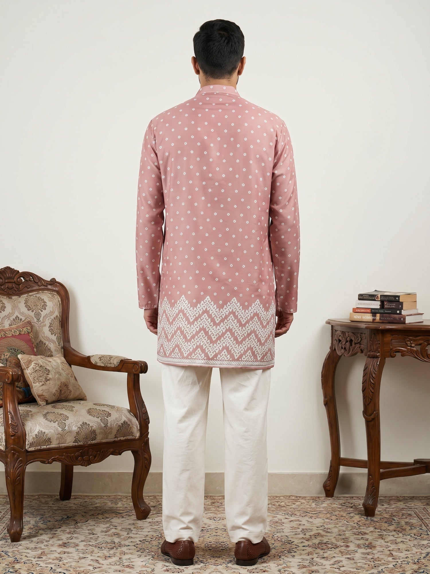 DesiQlo Men Printed Kurta Pyjama Set - Orange - 65KP_PJ11W_5580Peach_S
