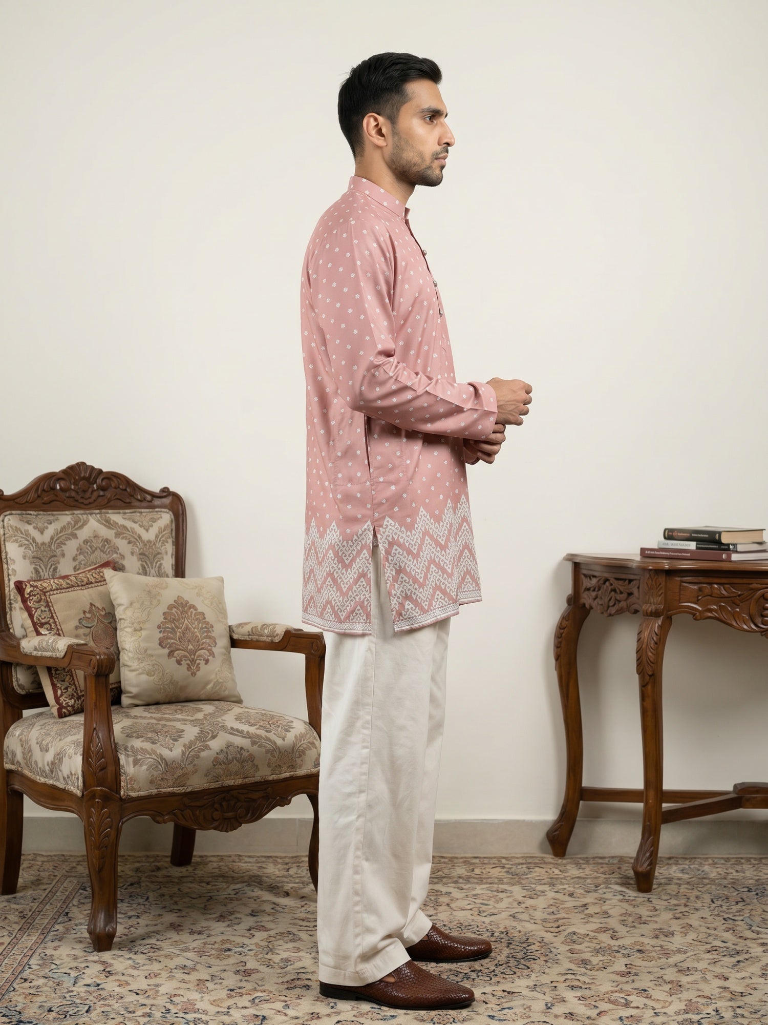 DesiQlo Men Printed Kurta Pyjama Set - Orange - 65KP_PJ11W_5580Peach_S