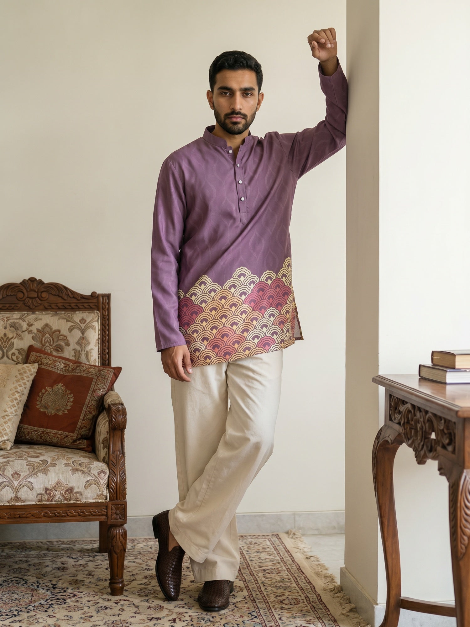 DesiQlo Men Printed Kurta Pyjama Set - Purple - 65KP_PJ11W_5581Purple_