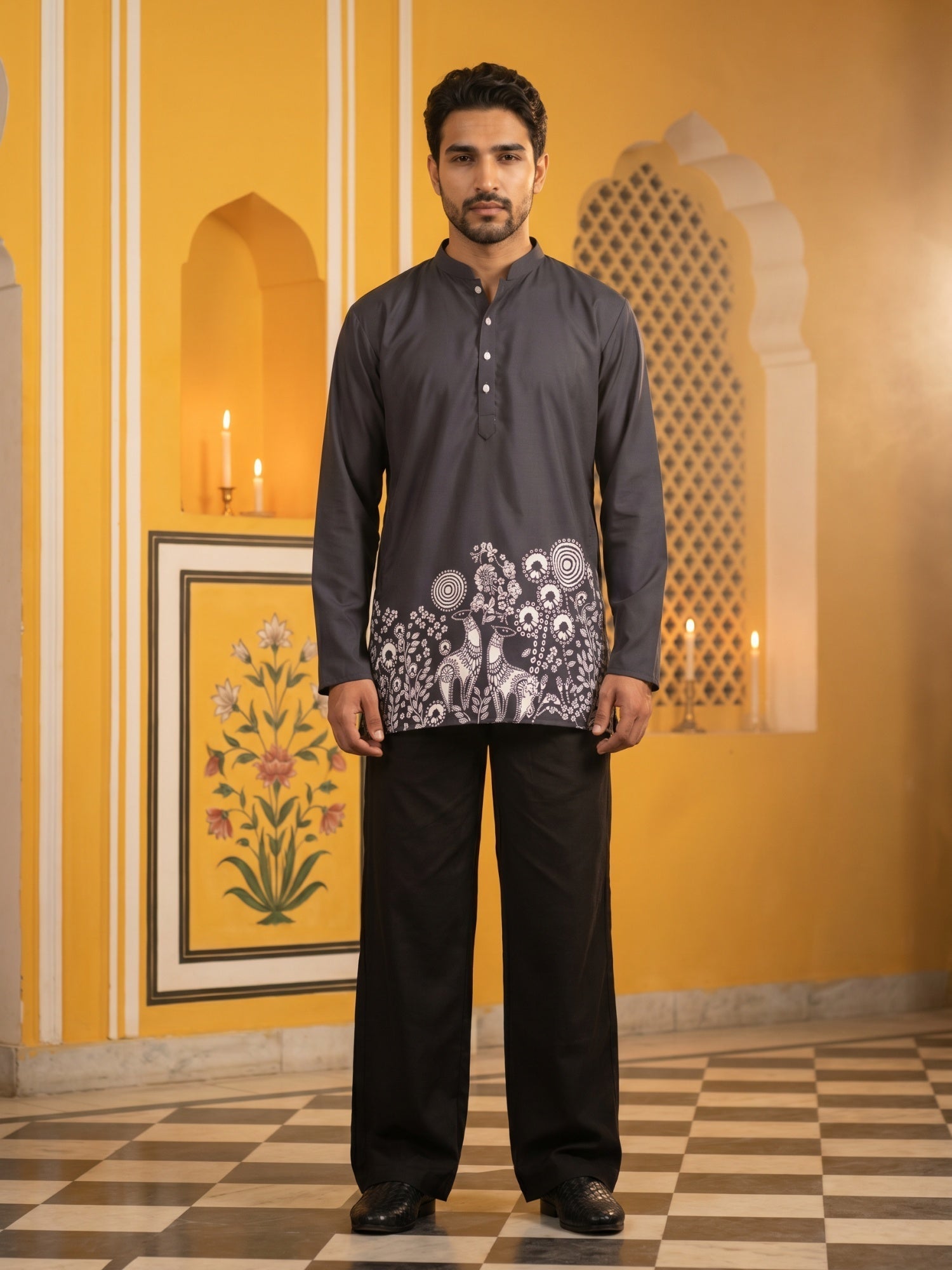 DesiQlo Men Printed Kurta Pyjama Set - Black - 65KP_PJ11B_5582Black_S