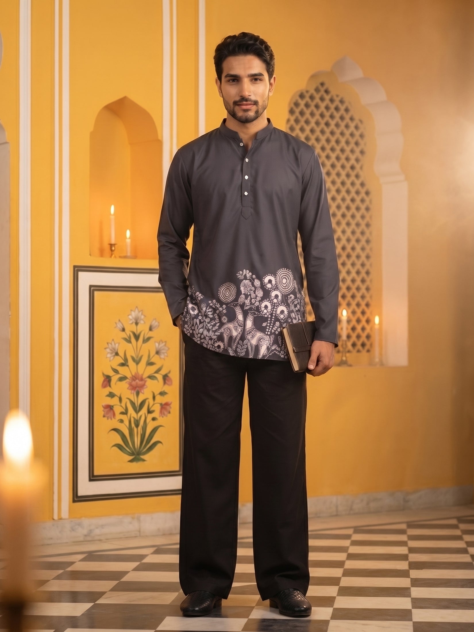 DesiQlo Men Printed Kurta Pyjama Set - Black - 65KP_PJ11B_5582Black_S