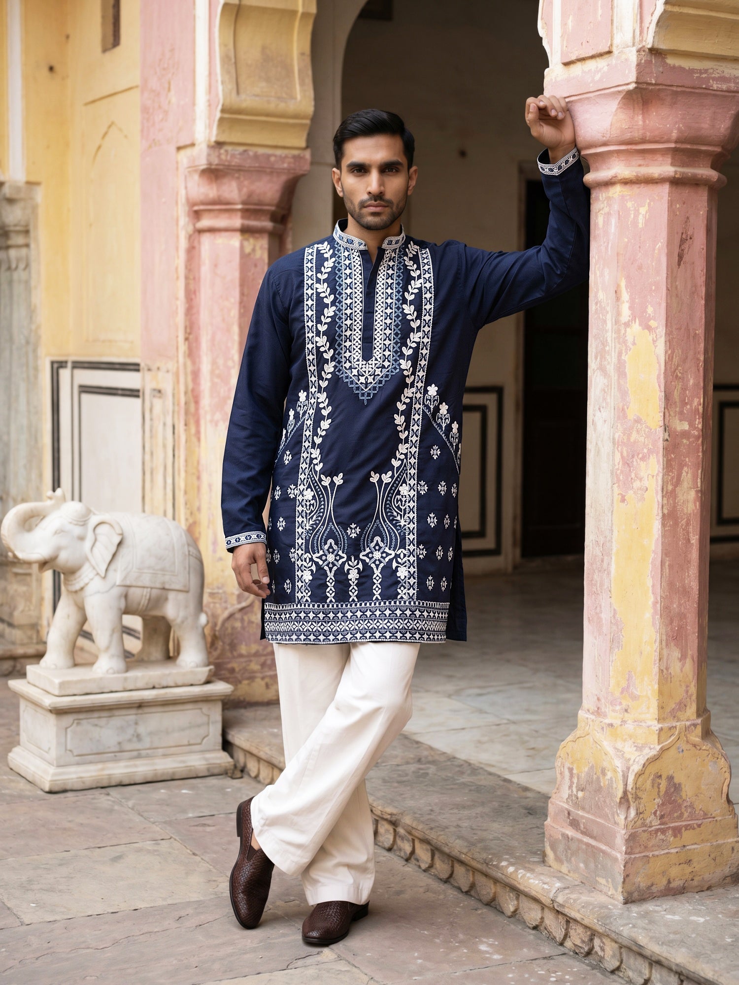 DesiQlo Men Embroidered Kurta Pyjama Set - Blue - 65KP_PJ11W_5584Navy_