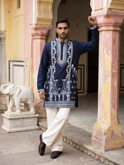Ethnic Embroidered Japanese Fabric Kurta with Korean Pant Set ( 65KP PJ11W 5584Navy ) [FF] [B-1-2]