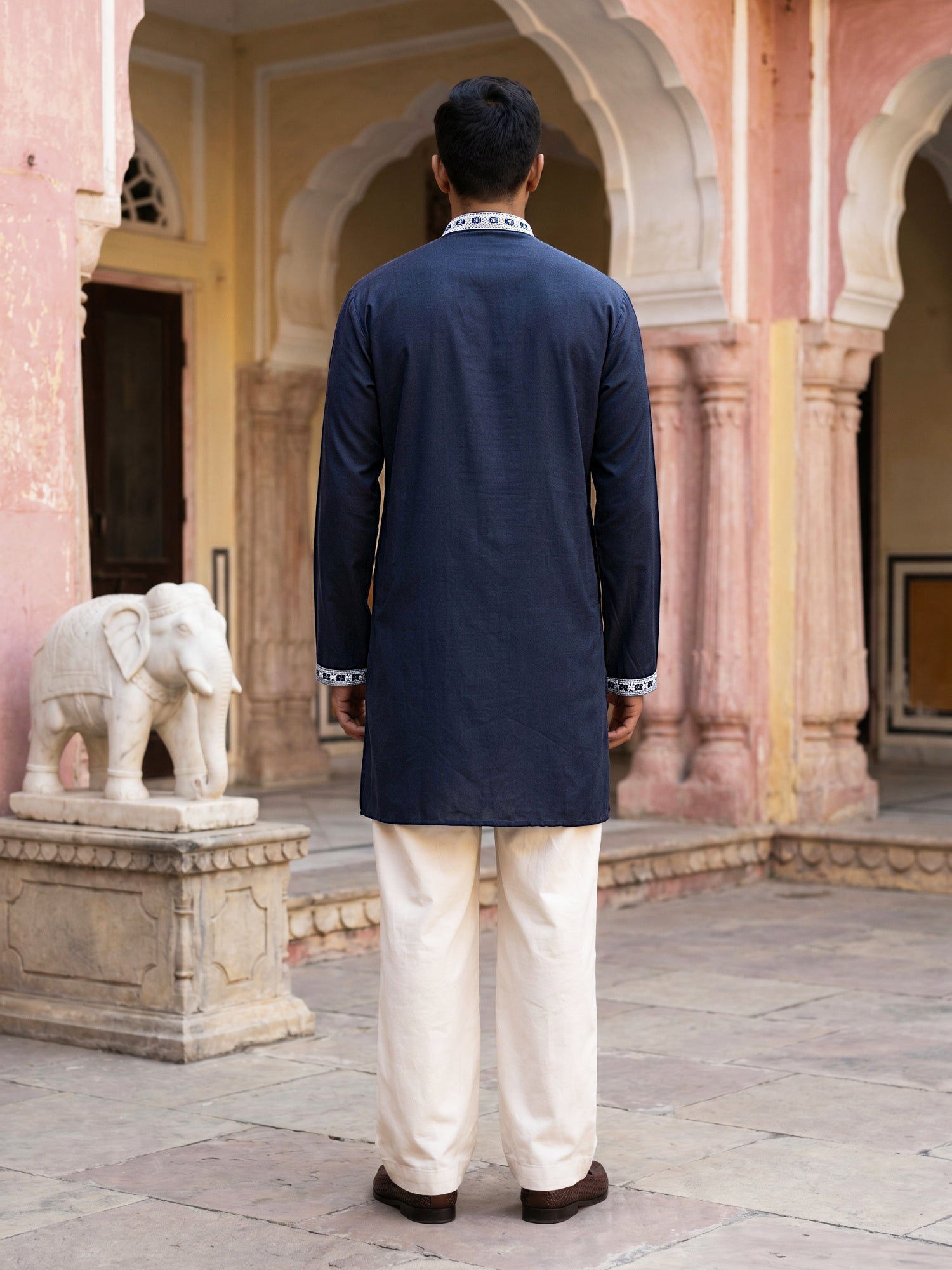 DesiQlo Men Embroidered Kurta Pyjama Set - Blue - 65KP_PJ11W_5584Navy_