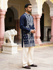 Ethnic Embroidered Japanese Fabric Kurta with Korean Pant Set ( 65KP PJ11W 5584Navy ) [FF] [B-1-2]