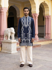 Ethnic Embroidered Japanese Fabric Kurta with Korean Pant Set ( 65KP PJ11W 5584Navy ) [FF] [B-1-2]