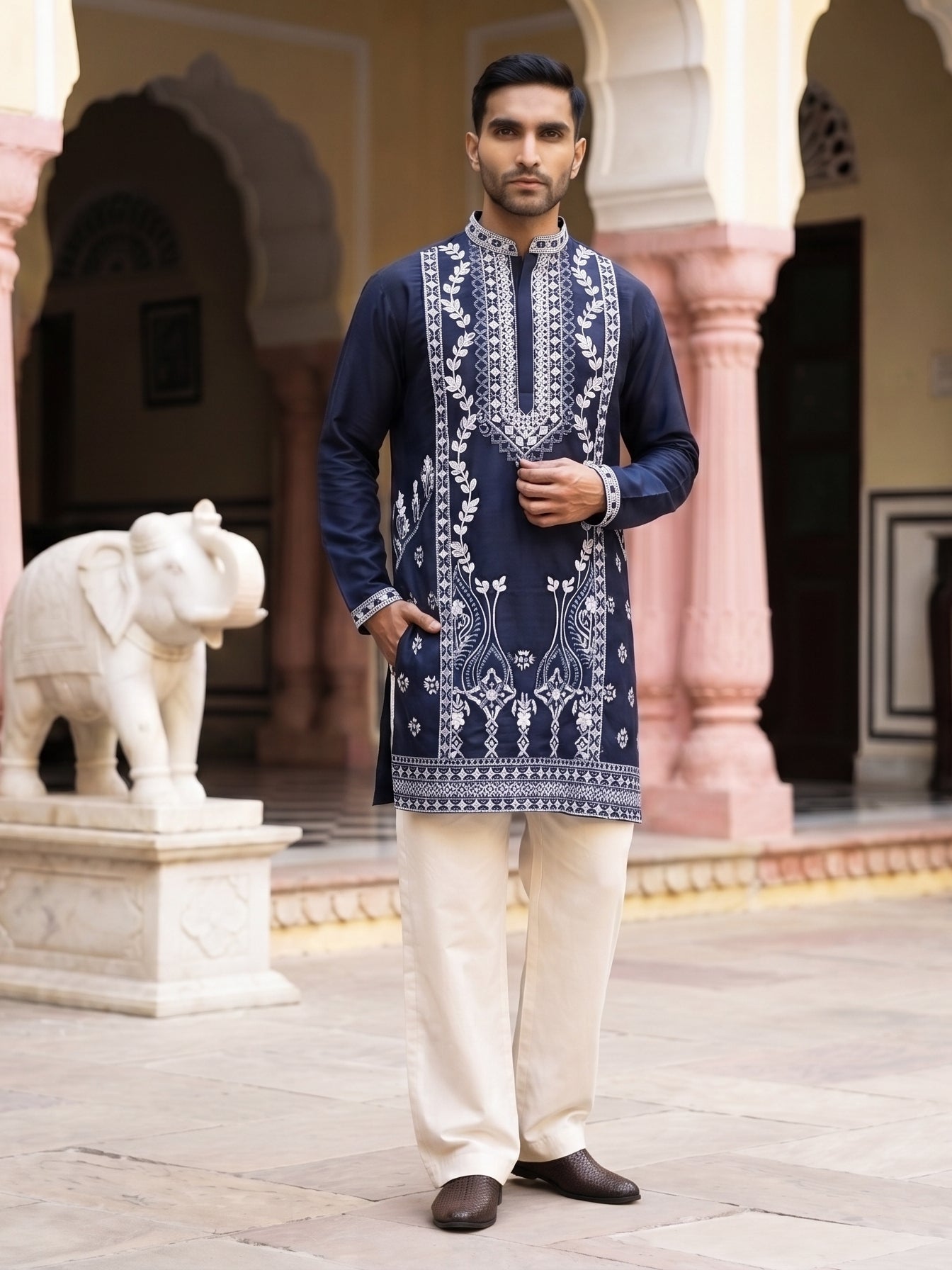 DesiQlo Men Embroidered Kurta Pyjama Set - Blue - 65KP_PJ11W_5584Navy_