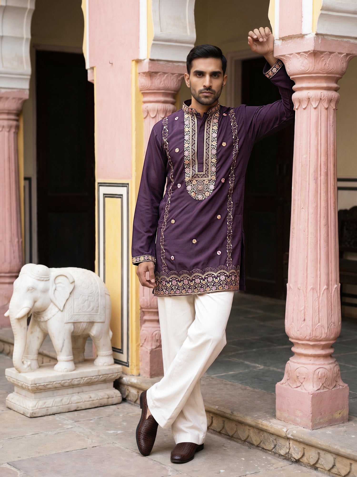 DesiQlo Men Embroidered Kurta Pyjama Set - Purple - 65KP_PJ11W_5585Pur