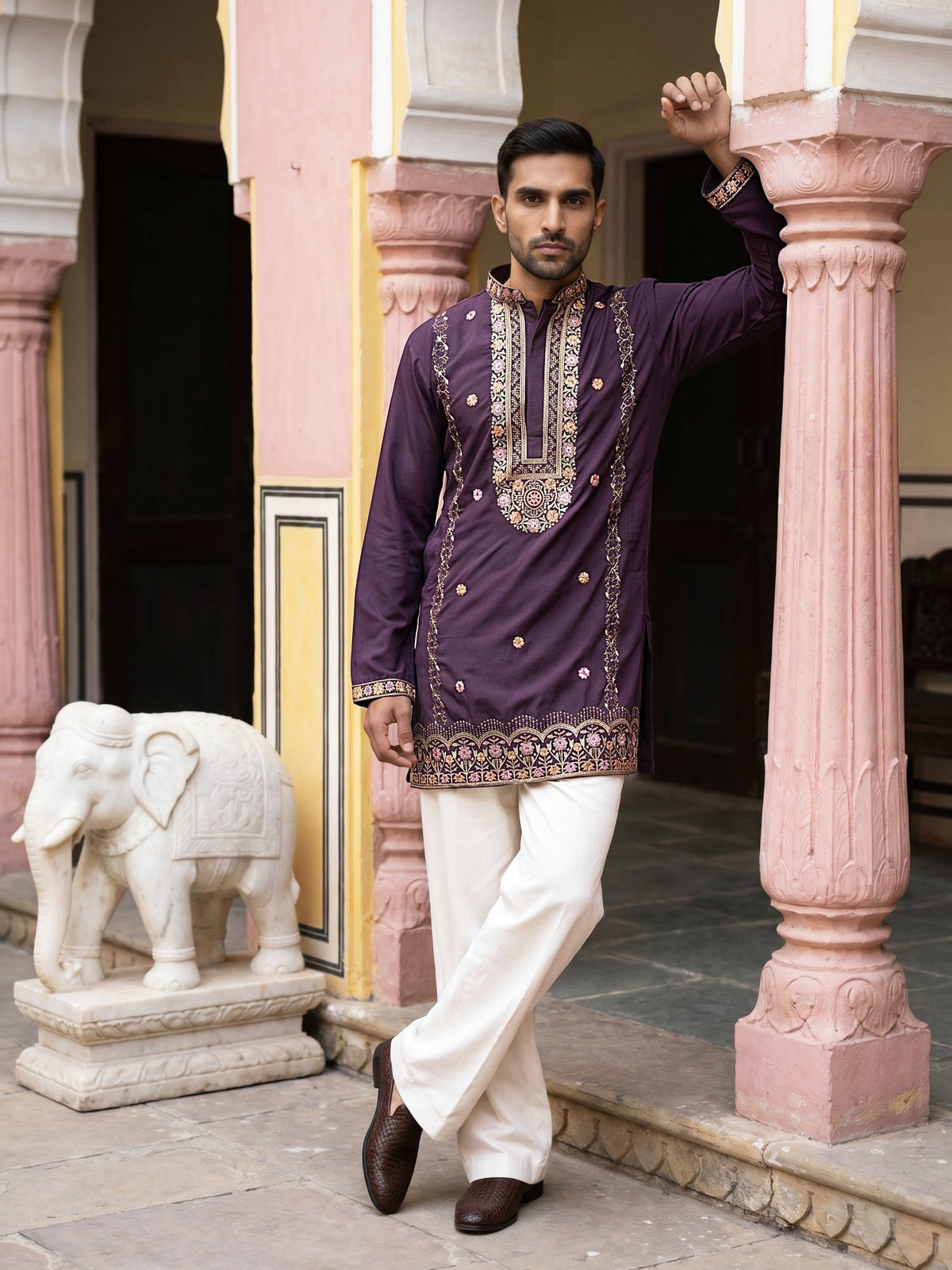 Japanese Fabric Floral Embroidered Kurta with Korean Pant Set ( 65KP PJ11W 5585Purple ) [FF] [G-4]