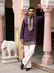 Japanese Fabric Floral Embroidered Kurta with Korean Pant Set ( 65KP PJ11W 5585Purple ) [FF] [G-4]