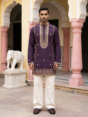 Japanese Fabric Floral Embroidered Kurta with Korean Pant Set ( 65KP PJ11W 5585Purple ) [FF] [G-4]