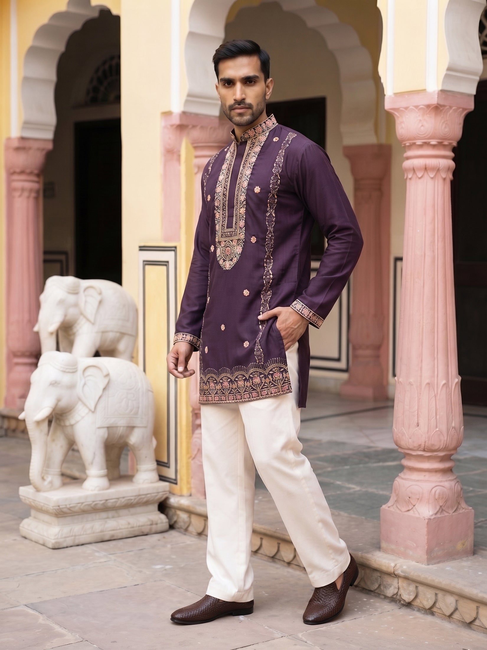 DesiQlo Men Embroidered Kurta Pyjama Set - Purple - 65KP_PJ11W_5585Pur