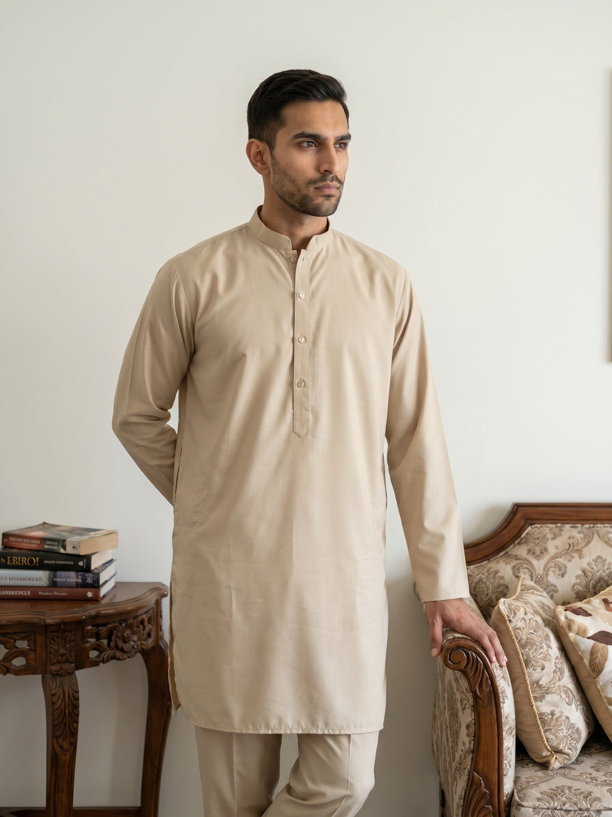 Classic Silk Blend Kurta Pyjama Set for Men ( 65KP 5586Beige ) [FF] [WAISTCOAT]