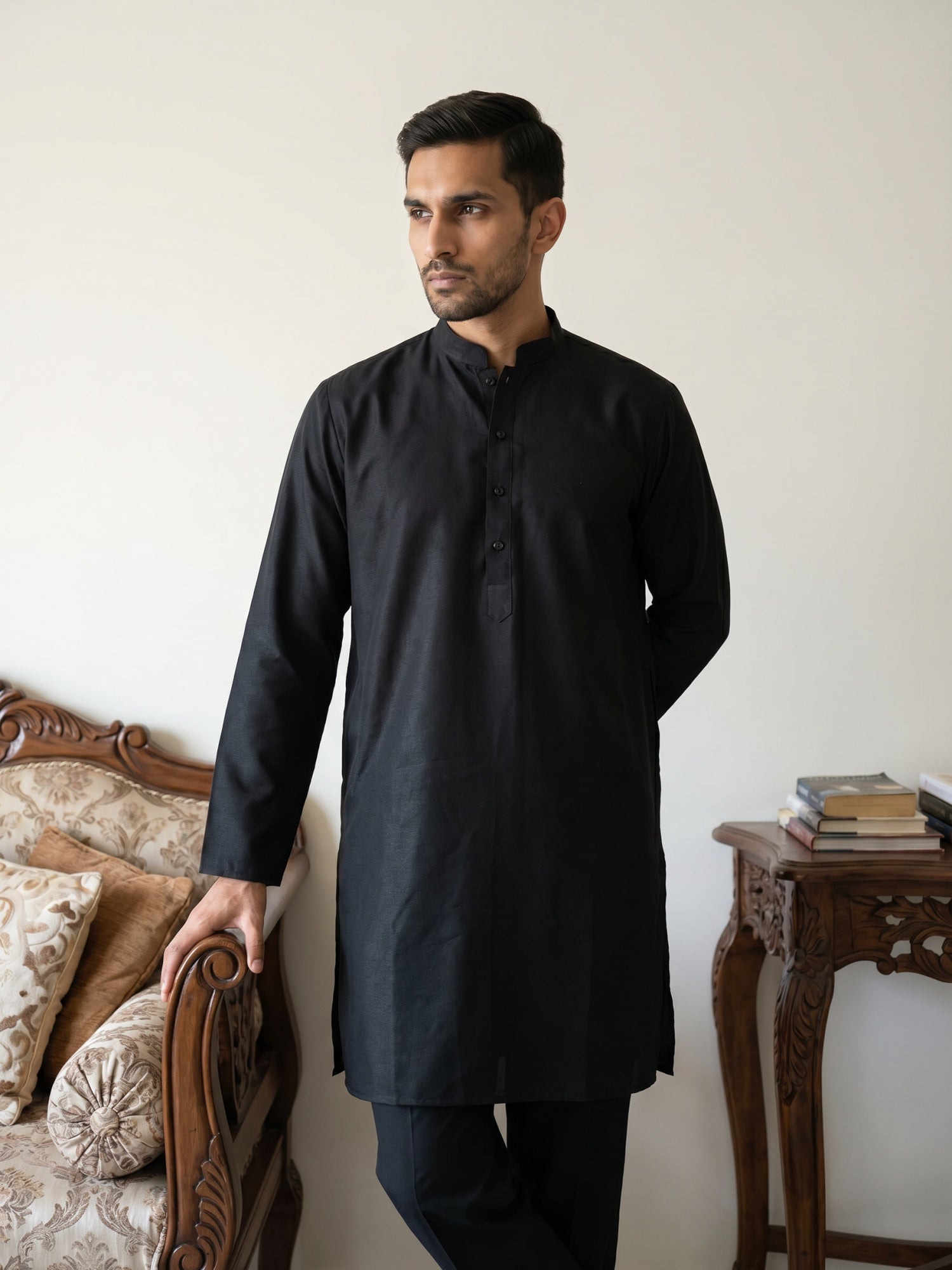 DesiQlo Men Solid Kurta Pyjama Set - Black - 65KP_5586Black_S