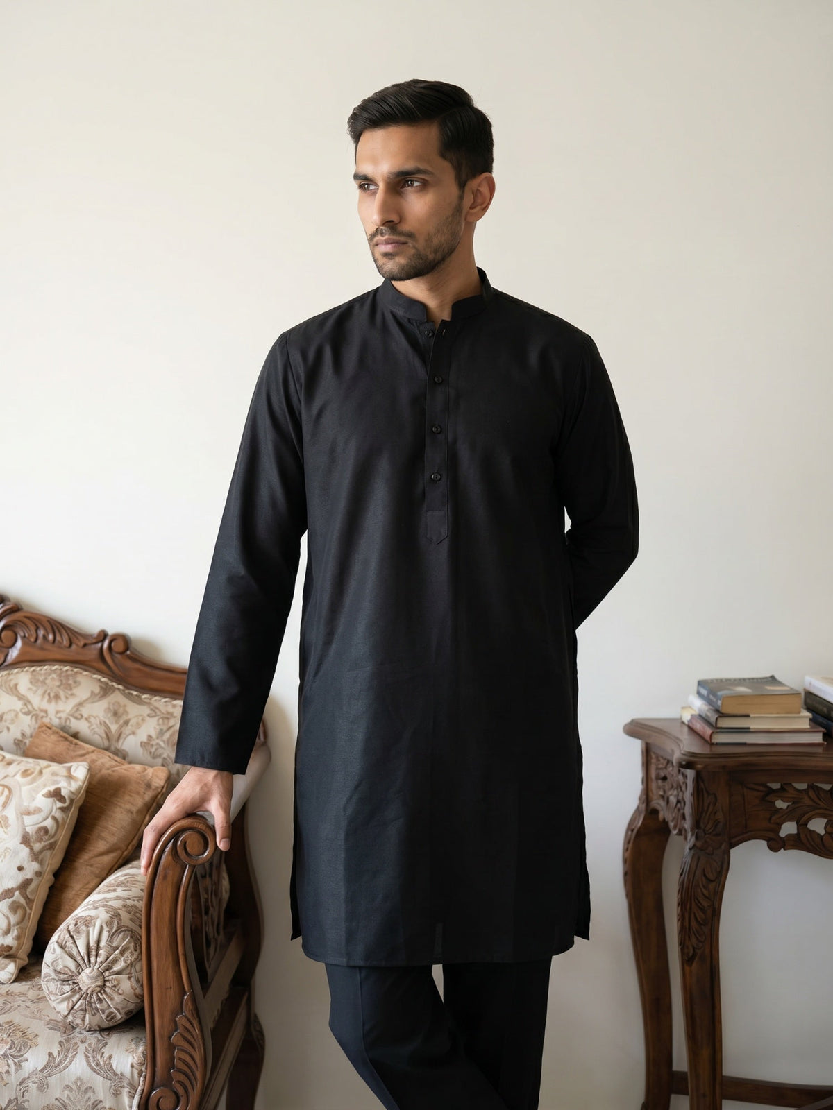 Classic Silk Blend Kurta Pyjama Set for Men ( 65KP 5586Black ) [FF] [WAISTCOAT]