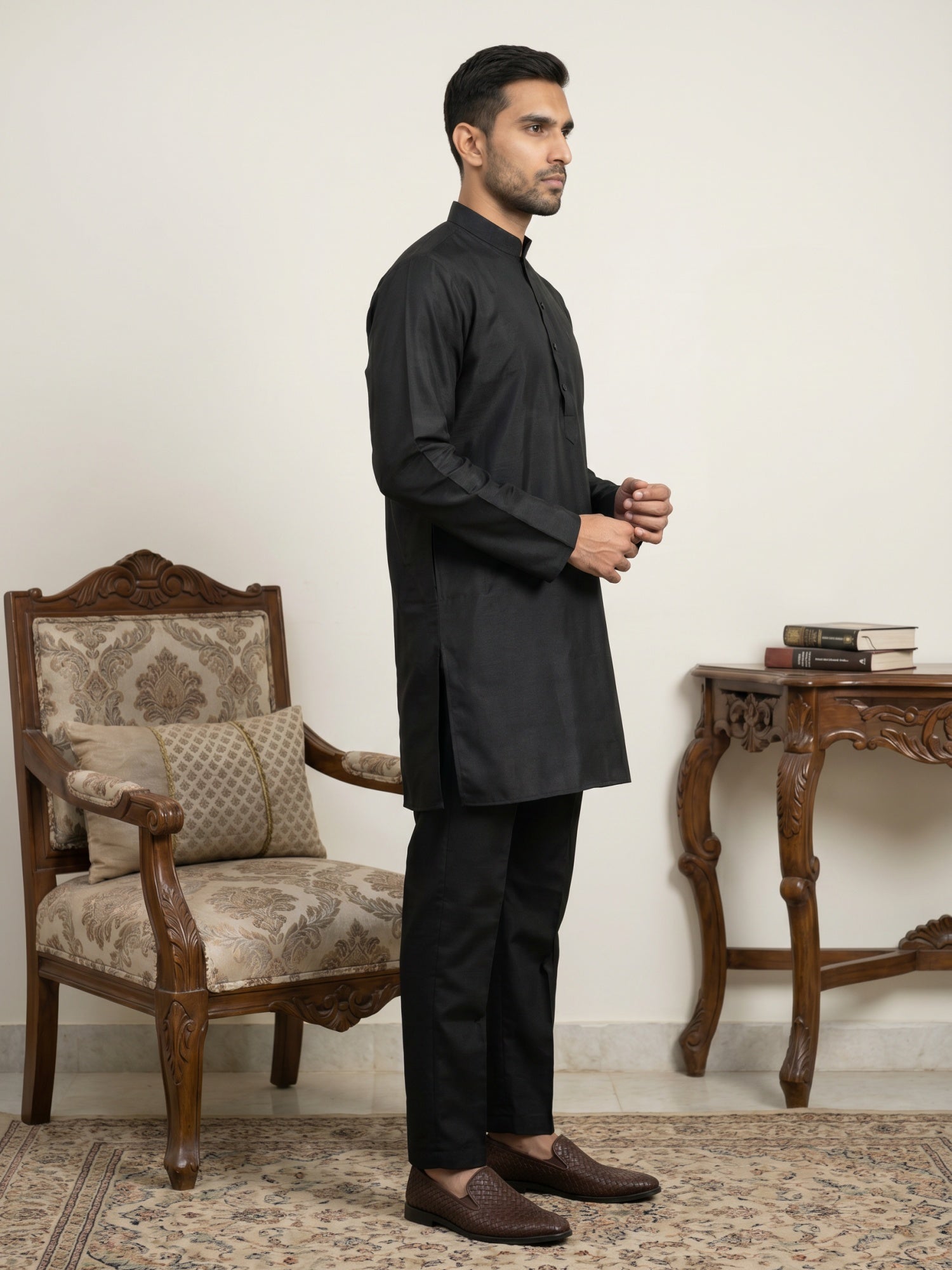 DesiQlo Men Solid Kurta Pyjama Set - Black - 65KP_5586Black_S