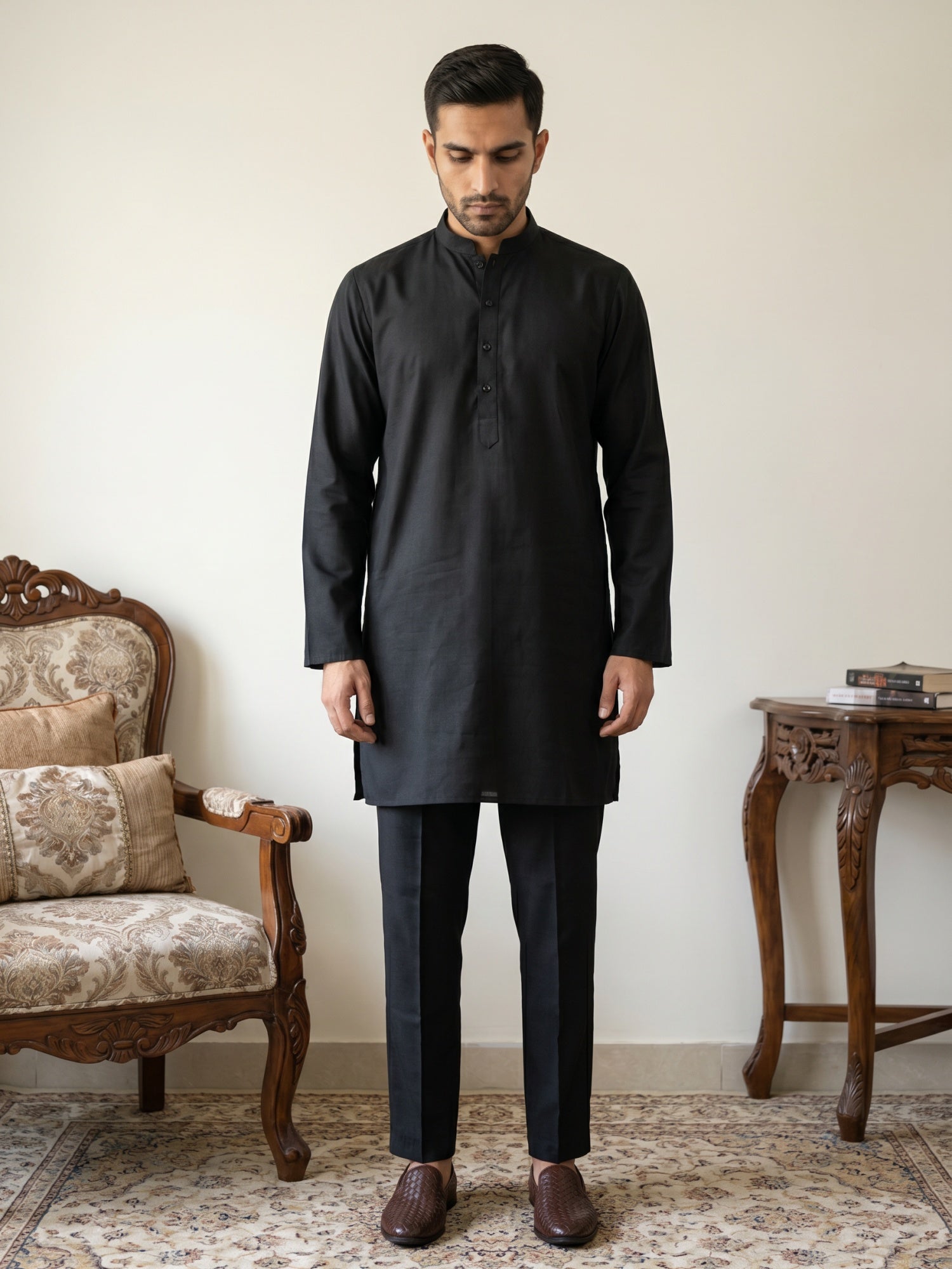 DesiQlo Men Solid Kurta Pyjama Set - Black - 65KP_5586Black_S
