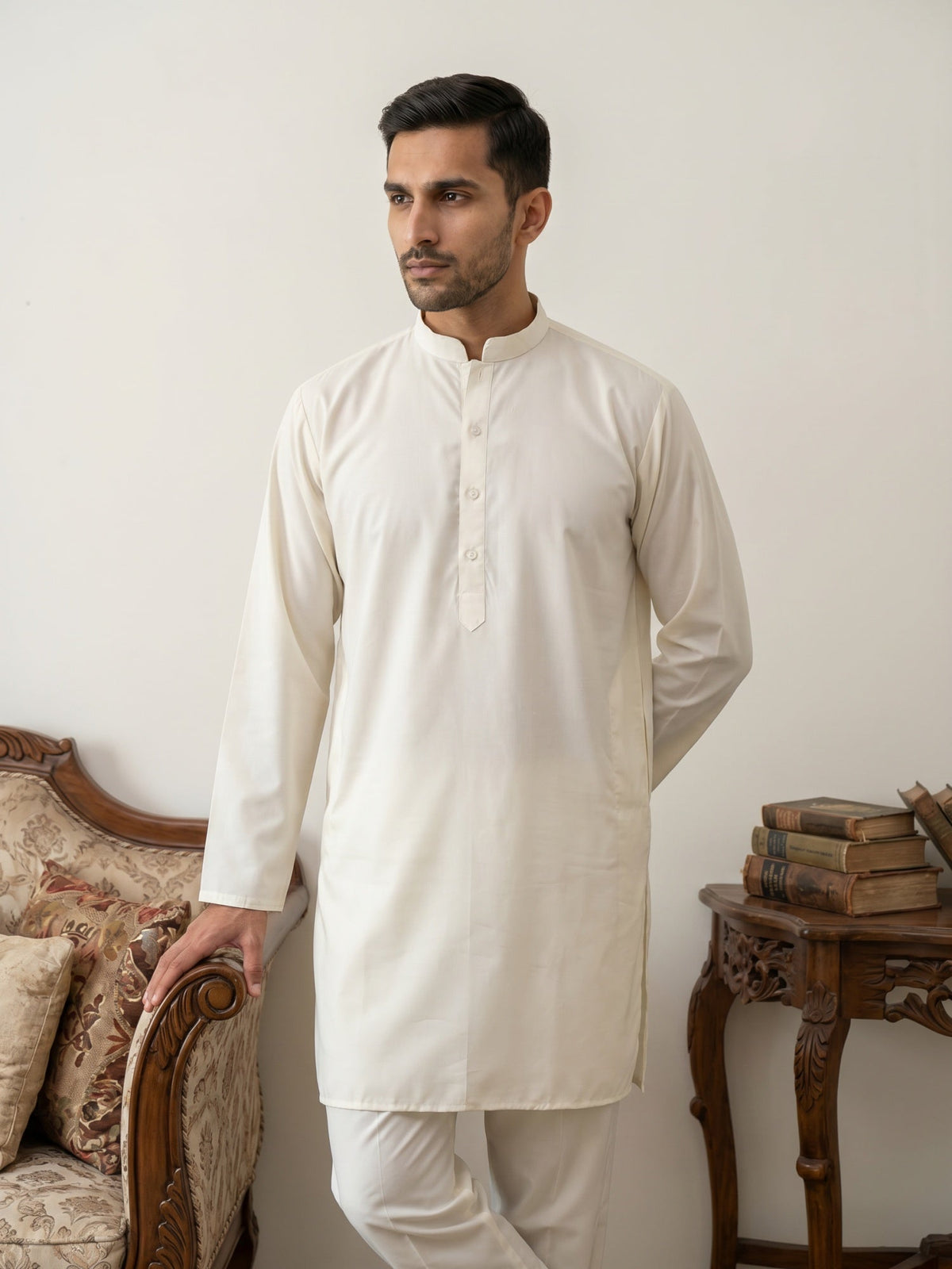 Classic Silk Blend Kurta Pyjama Set for Men ( 65KP 5586White ) [FF] [WAISTCOAT]