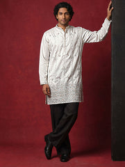 Men's Silk Blend Embroidered Kurta with Korean Pants Set ( 65KP PJ11B 5595White ) [FF] [G-4]