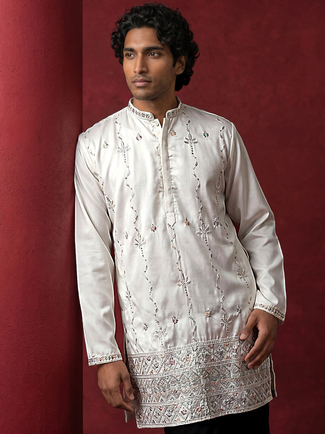 DesiQlo Men Embroidered Kurta Pyjama Set - White - 65KP_PJ11B_5595Whit