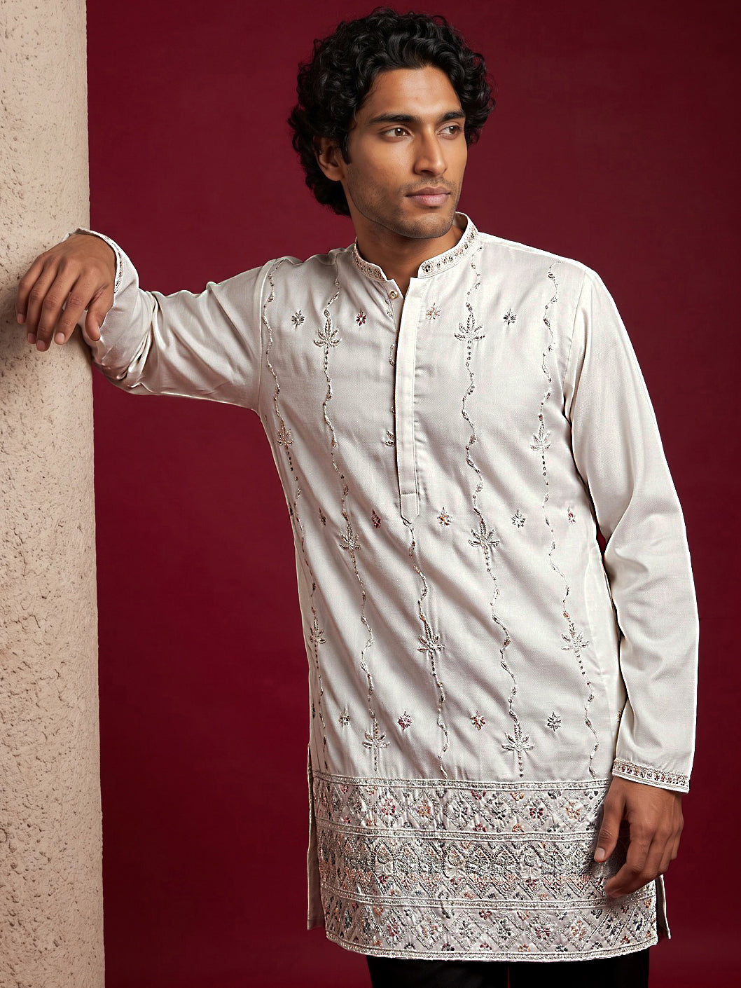 DesiQlo Men Embroidered Kurta Pyjama Set - White - 65KP_PJ11B_5595Whit
