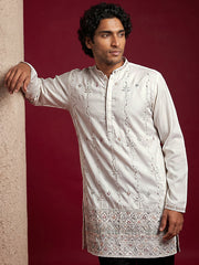 Men's Silk Blend Embroidered Kurta with Korean Pants Set ( 65KP PJ11B 5595White ) [FF] [G-4]