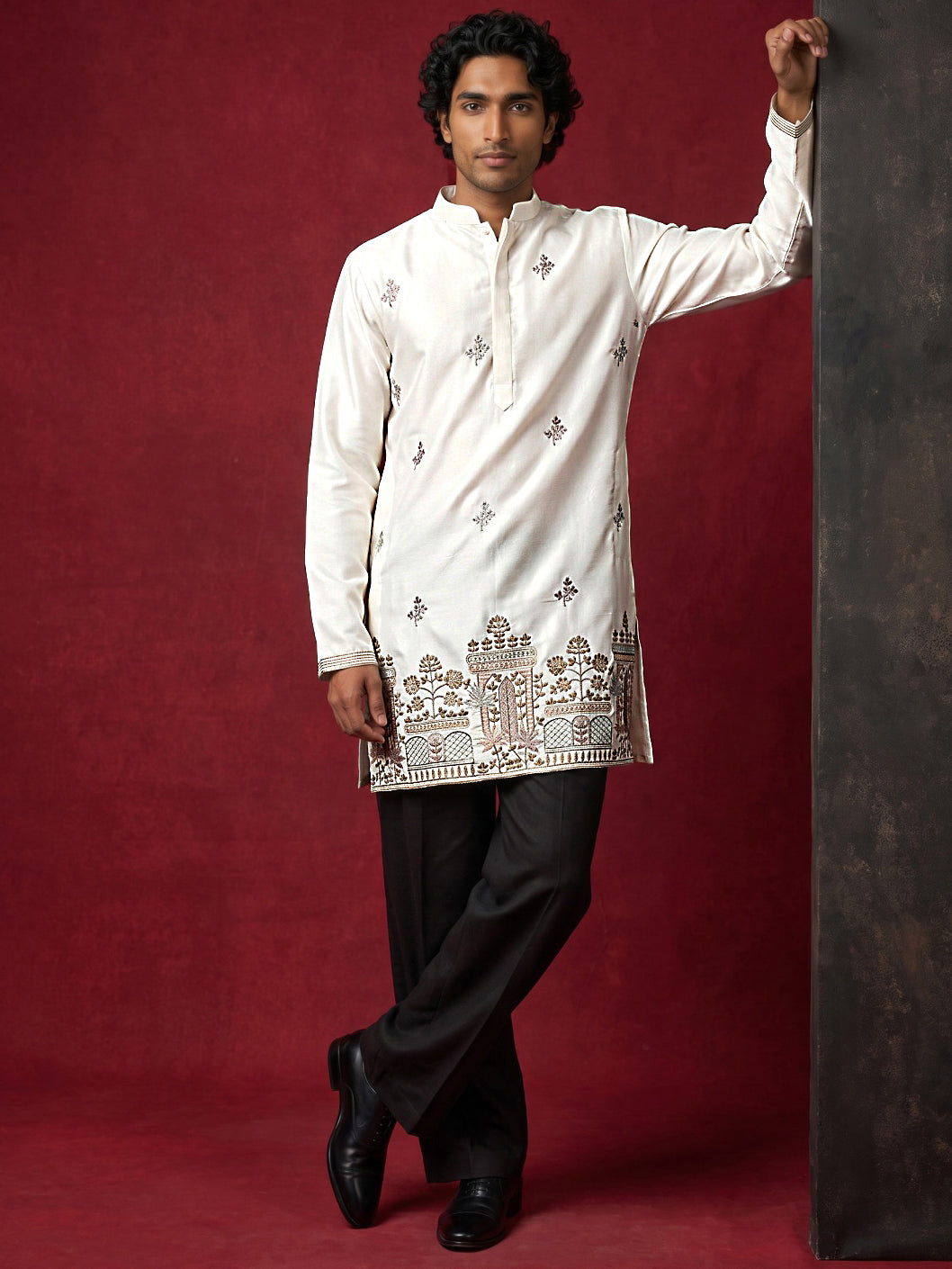 DesiQlo Men Embroidered Kurta Pyjama Set - Beige - 65KP_PJ11B_5599Crea