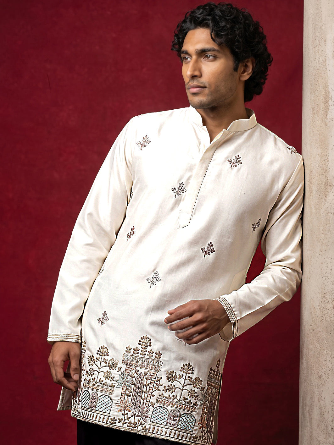 DesiQlo Men Embroidered Kurta Pyjama Set - Beige - 65KP_PJ11B_5599Crea