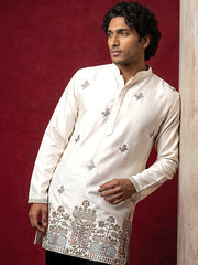 Silk Blend Embroidered Kurta & Korean Pants Set ( 65KP PJ11B 5599Cream ) [FF] [G-4]