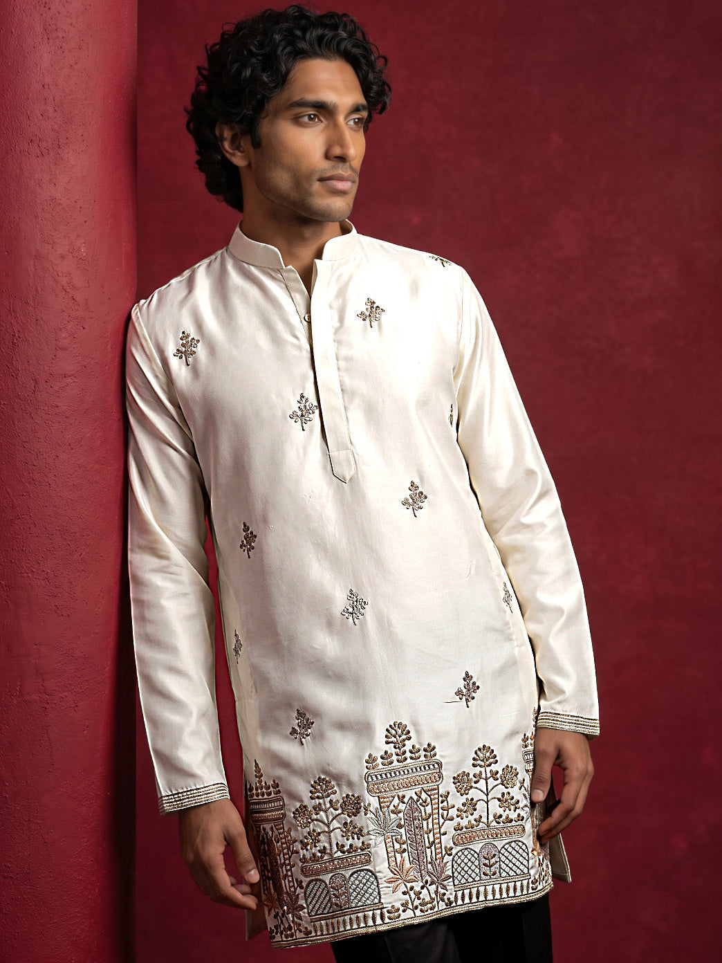 DesiQlo Men Embroidered Kurta Pyjama Set - Beige - 65KP_PJ11B_5599Crea