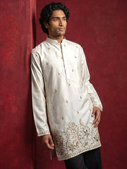 Silk Blend Embroidered Kurta & Korean Pants Set ( 65KP PJ11B 5601Cream ) [FF] [D-1]
