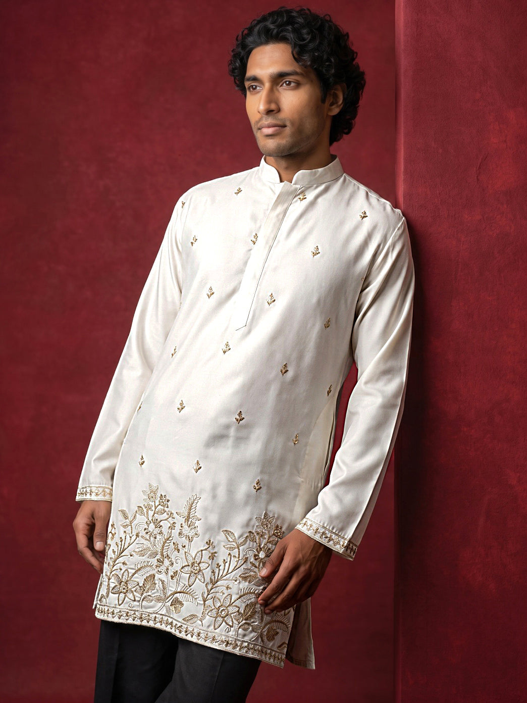 DesiQlo Men Embroidered Kurta Pyjama Set - Beige - 65KP_PJ11B_5601Crea