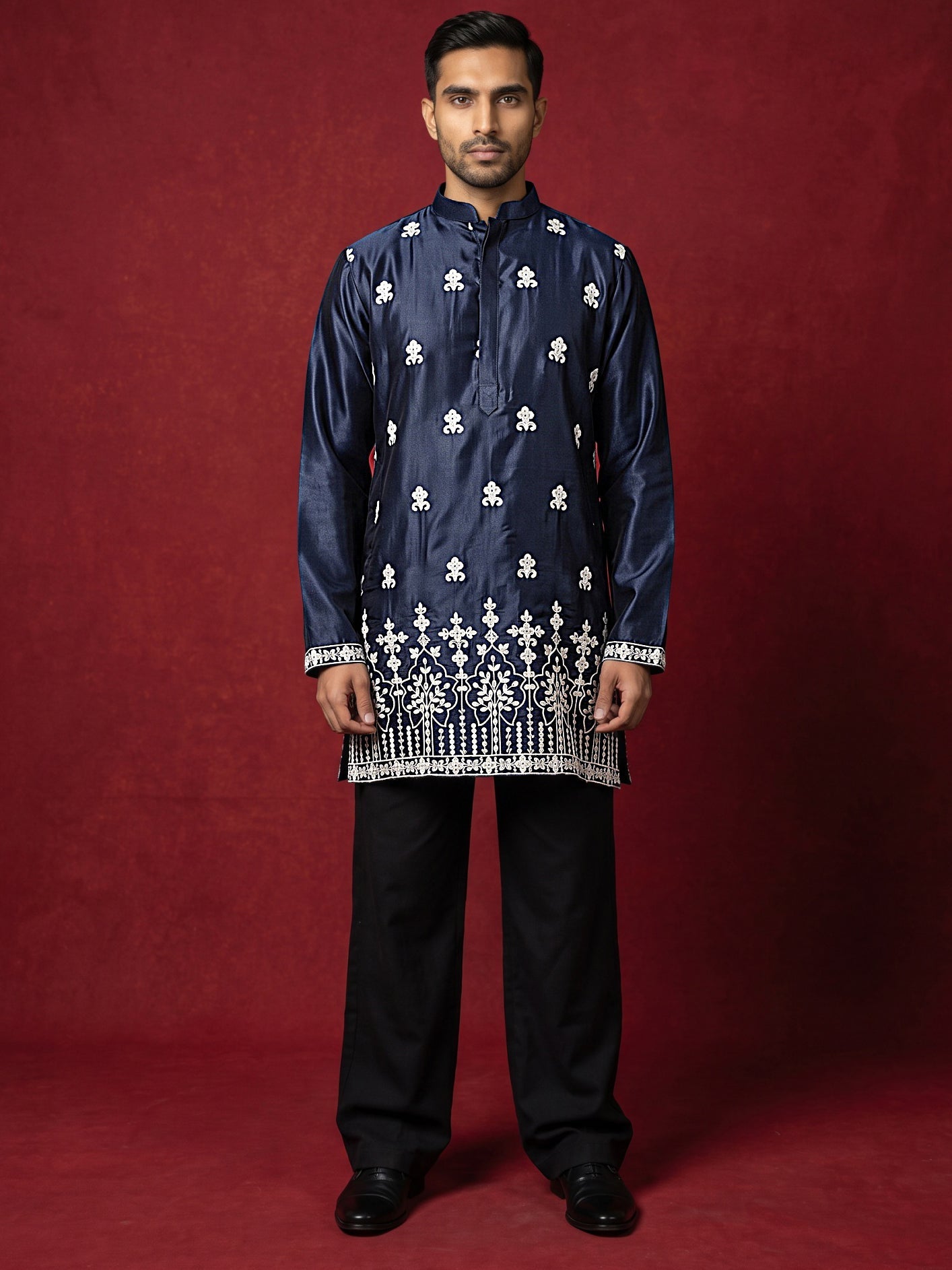 DesiQlo Men Embroidered Kurta Pyjama Set - Blue - 65KP_PJ11B_5604Navy_