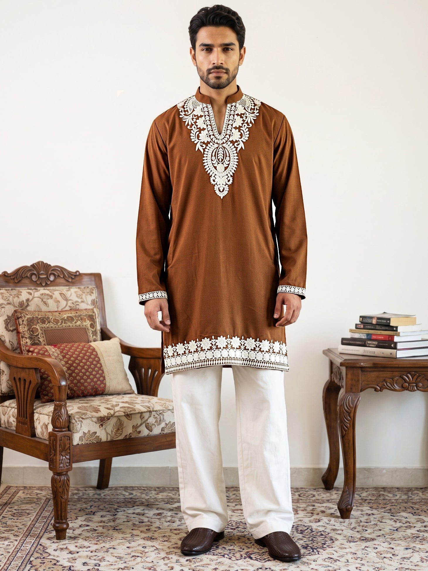 DesiQlo Men Embroidered Kurta Pyjama Set - Brown