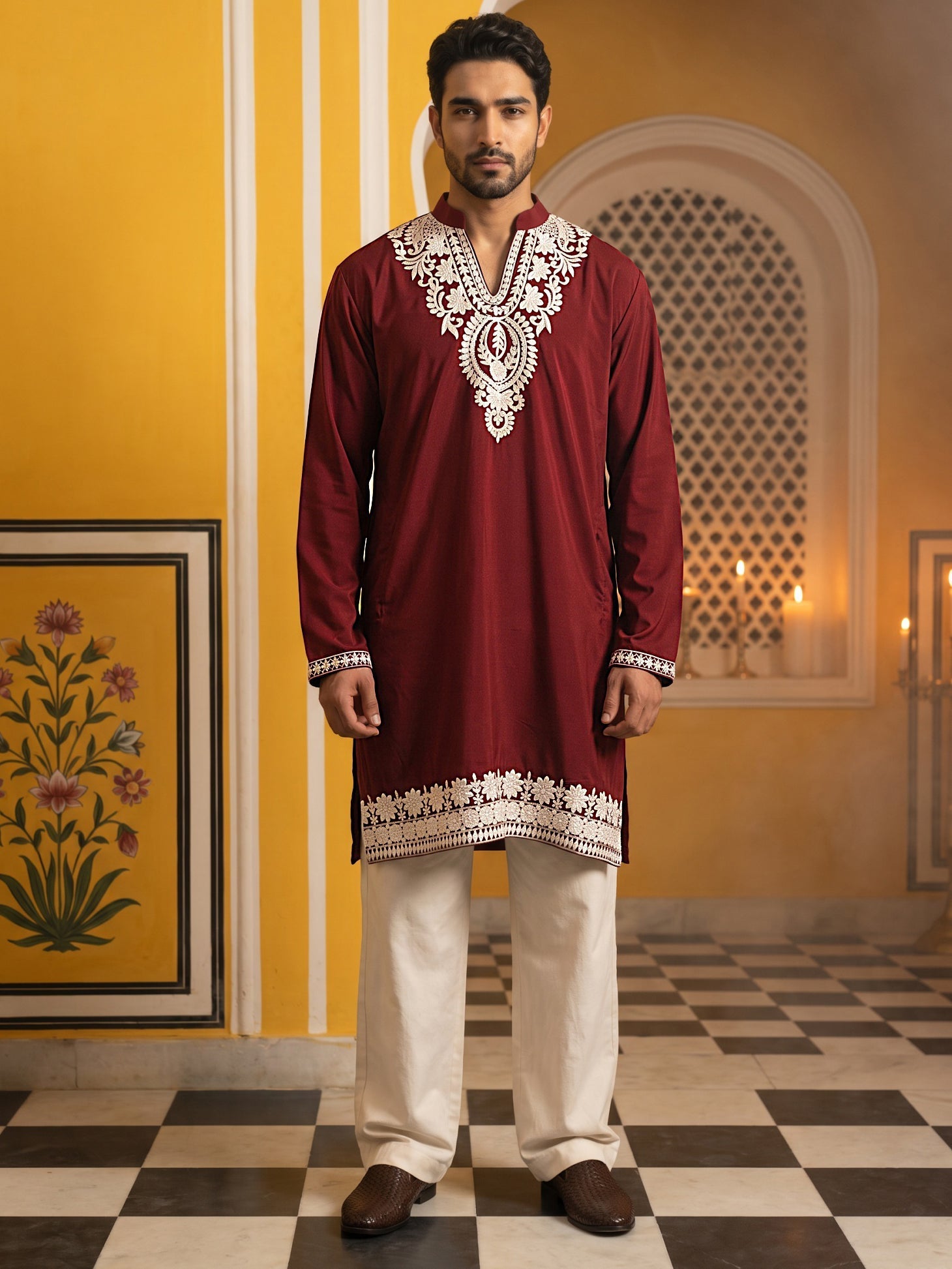 DesiQlo Men Embroidered Kurta Pyjama Set - Maroon