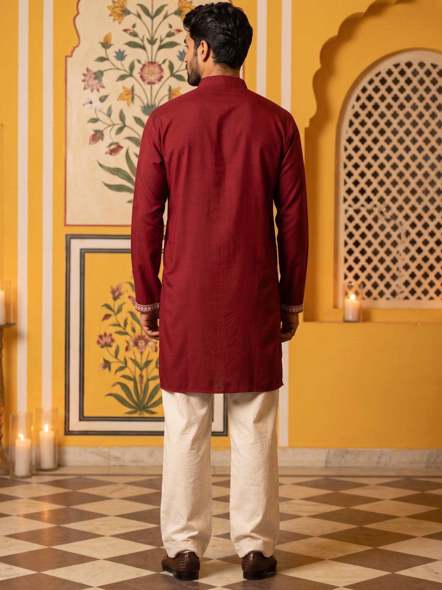 DesiQlo Men Embroidered Kurta Pyjama Set - Maroon