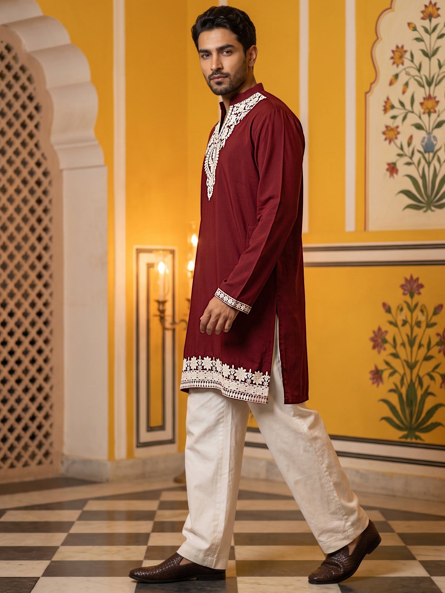 DesiQlo Men Embroidered Kurta Pyjama Set - Maroon