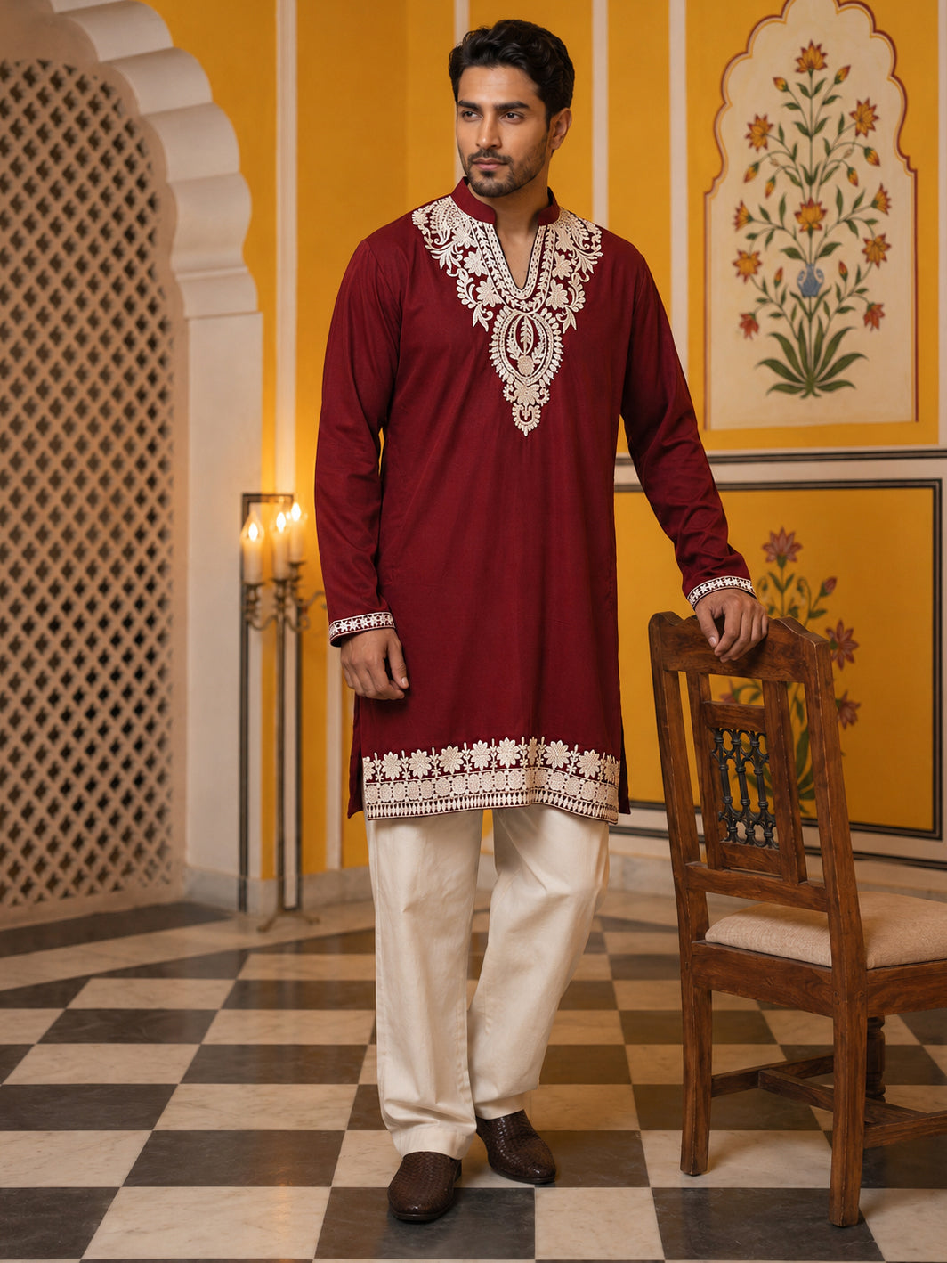 DesiQlo Men Embroidered Kurta Pyjama Set - Maroon
