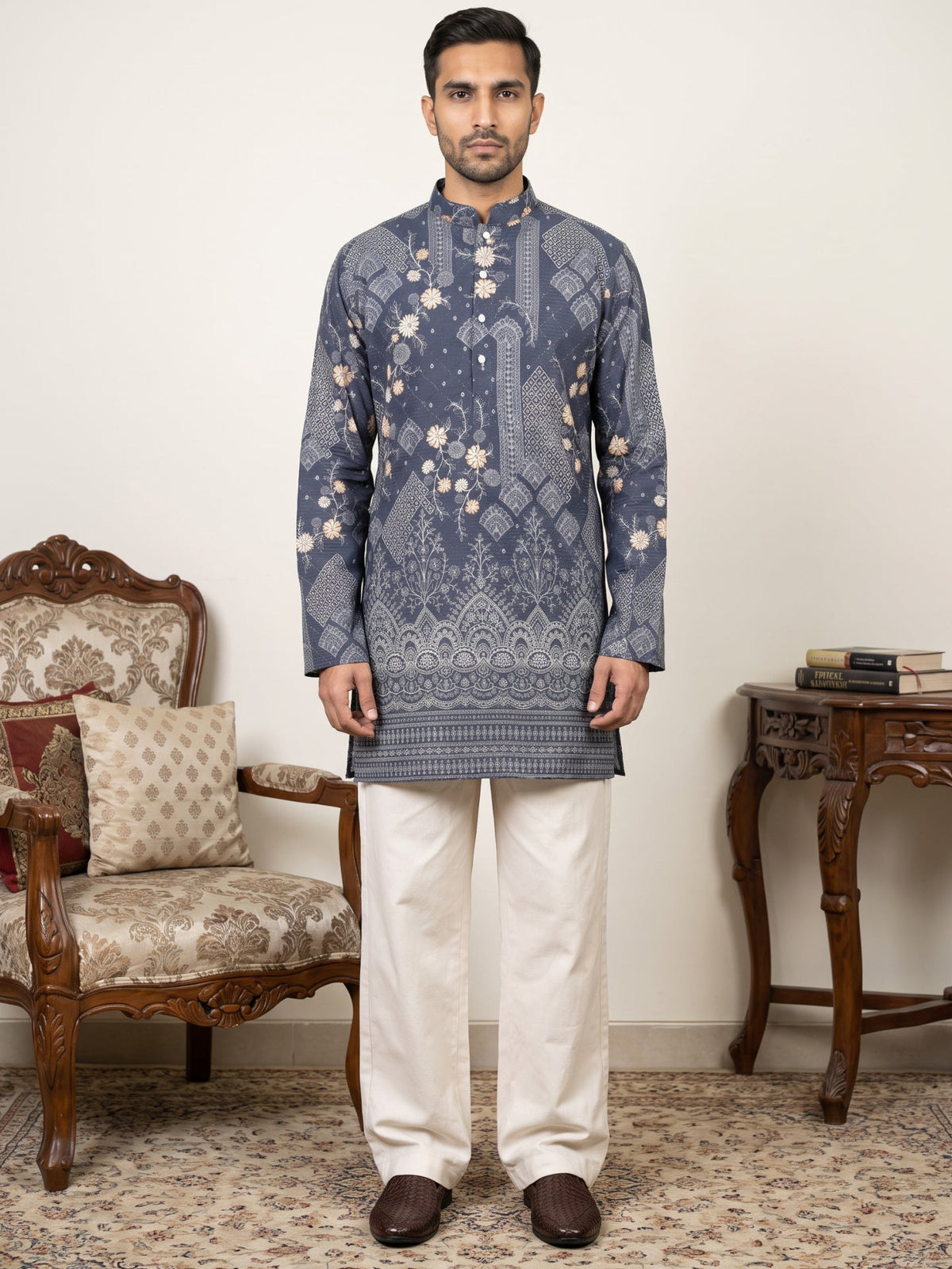 Traditional Cotton Blend Printed Kurta With Korean Pants ( 65KP PJ11W 5606Blue )