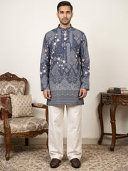 Traditional Cotton Blend Printed Kurta With Korean Pants ( 65KP PJ11W 5606Blue )