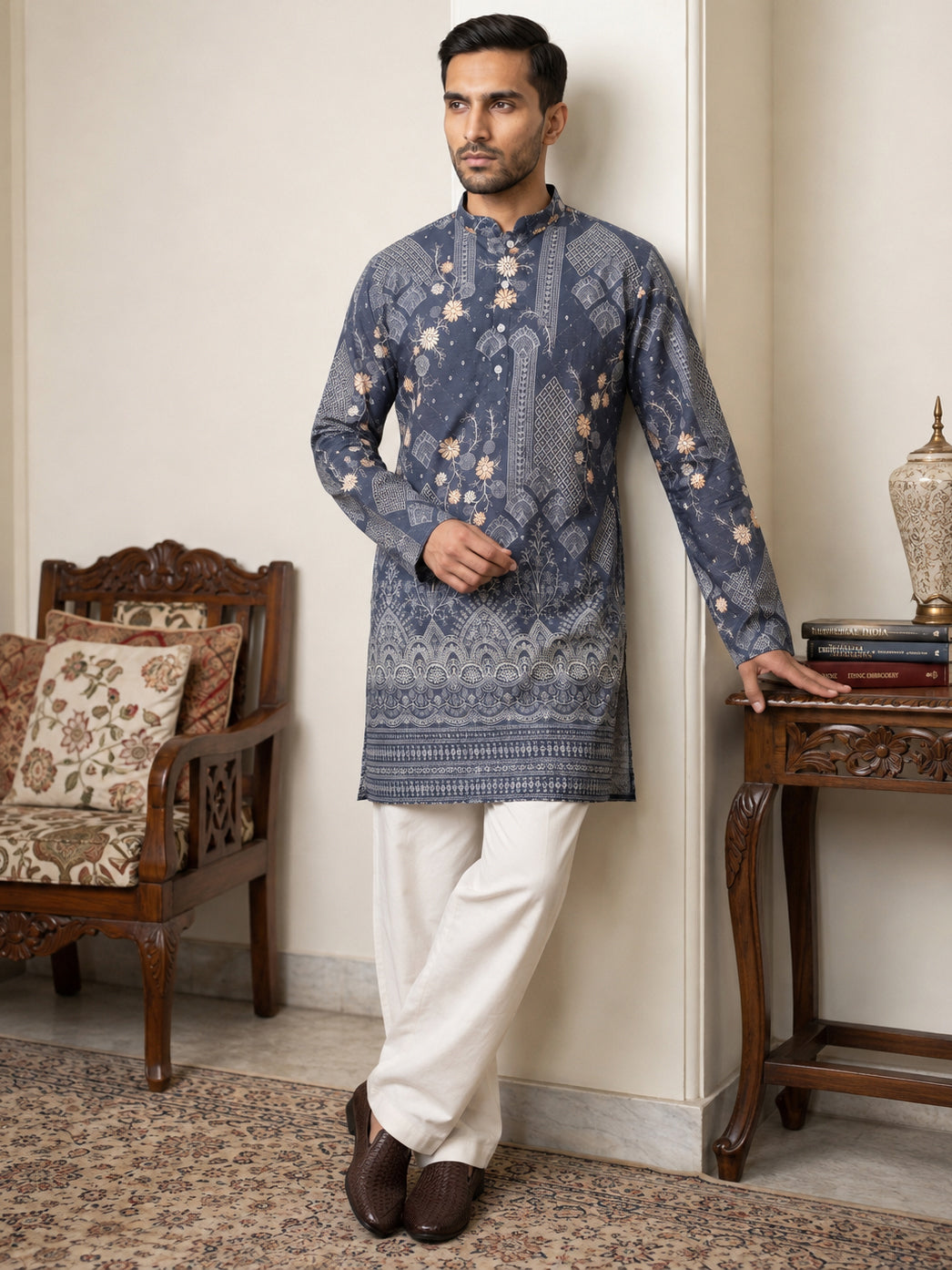 DesiQlo Men Printed Kurta Pyjama Set - Blue