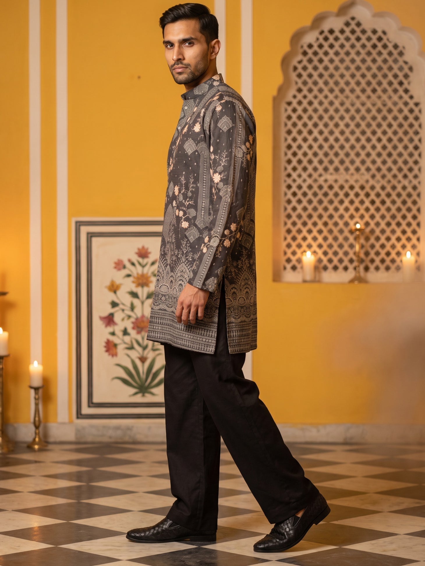 DesiQlo Men Printed Kurta Pyjama Set - Grey
