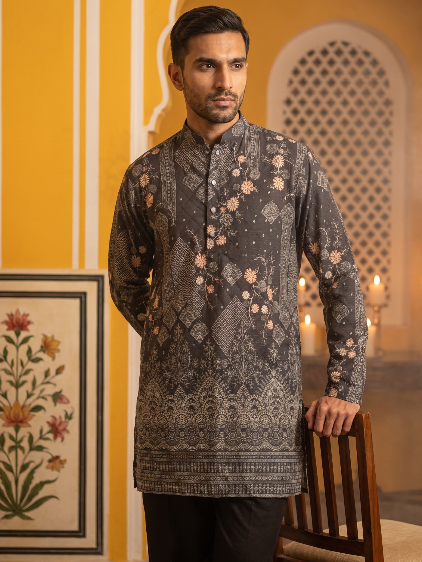 DesiQlo Men Printed Kurta Pyjama Set - Grey