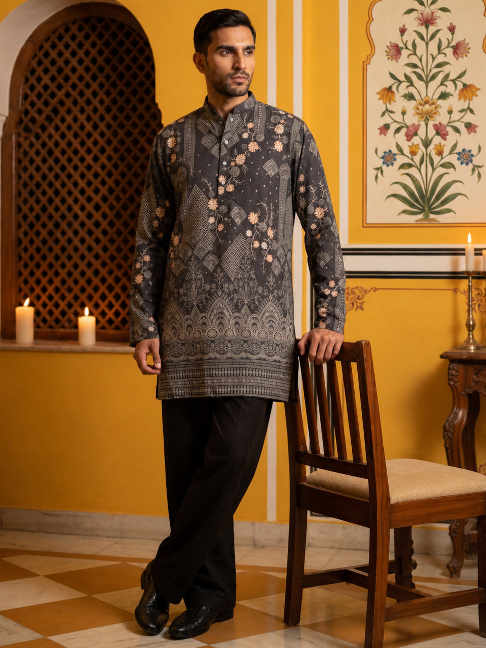 DesiQlo Men Printed Kurta Pyjama Set - Grey