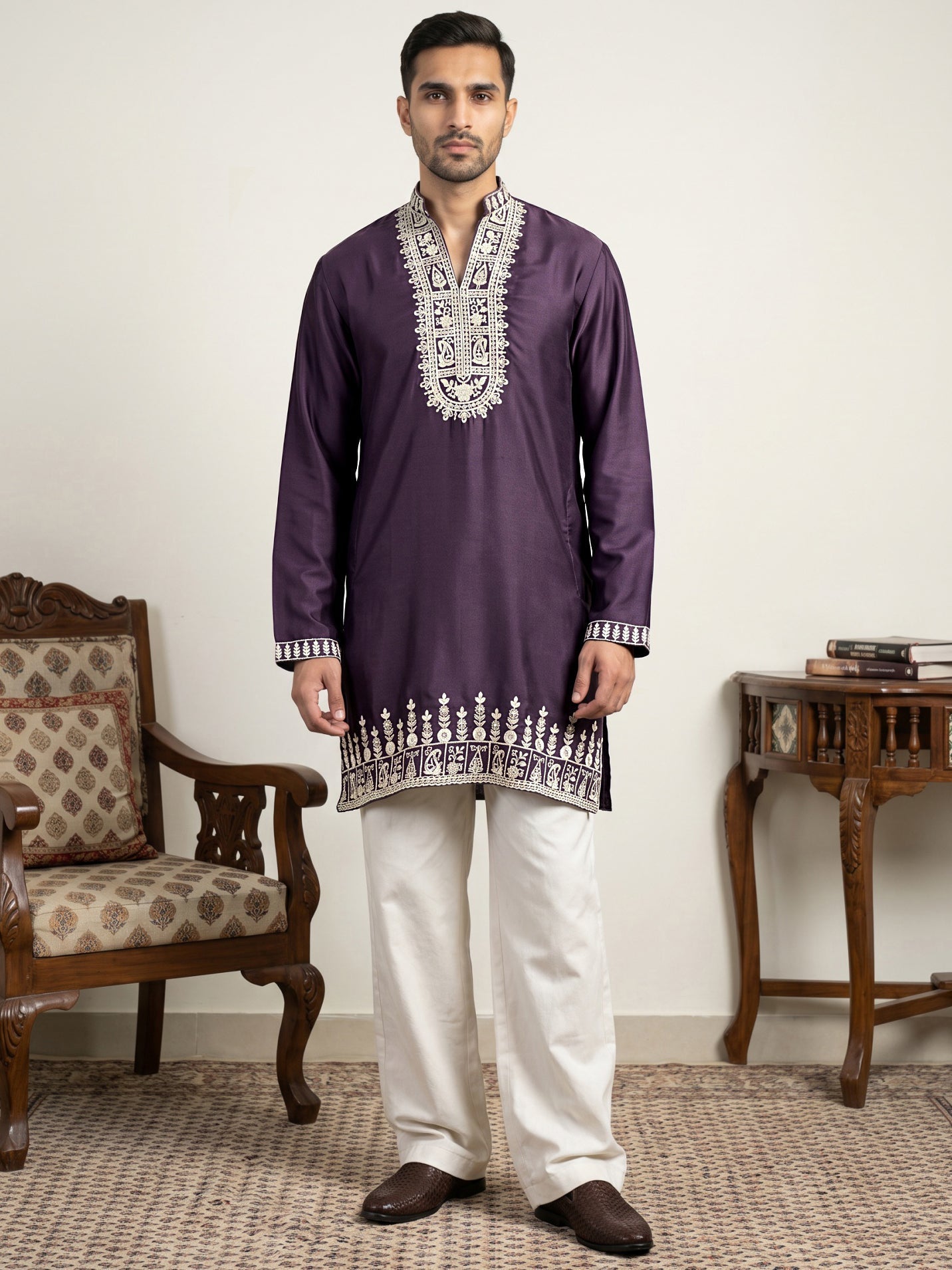DesiQlo Men Embroidered Kurta Pyjama Set - Purple
